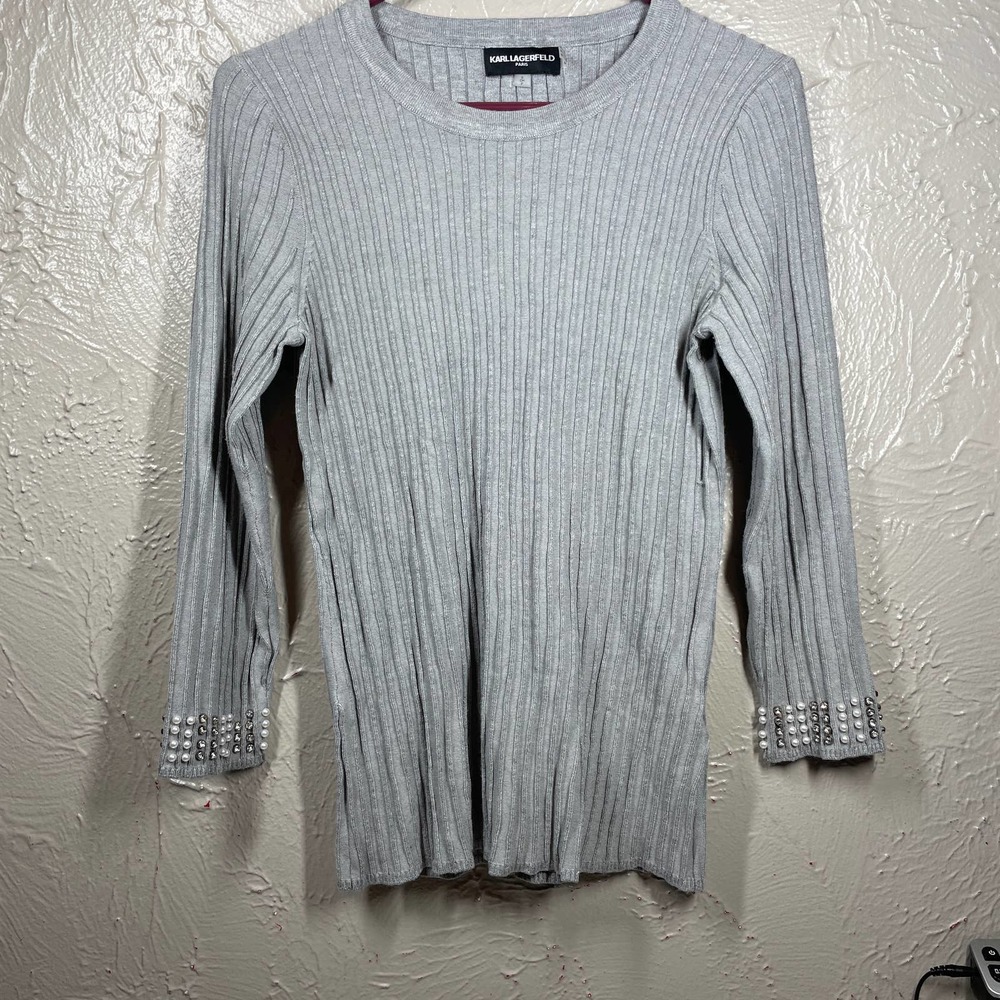 Karl Lagerfeld Gray Beaded Studded Sleeve Round Neck Knit Sweater Womens Small